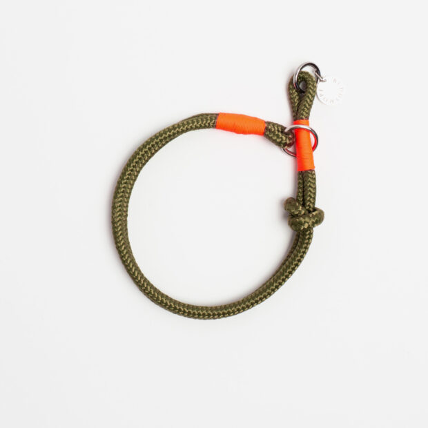 Zugstopphalsband olive orange silber, Hundehalsband aus Tau, Hundezubehör individuell nach Maß handgemacht in Österreic