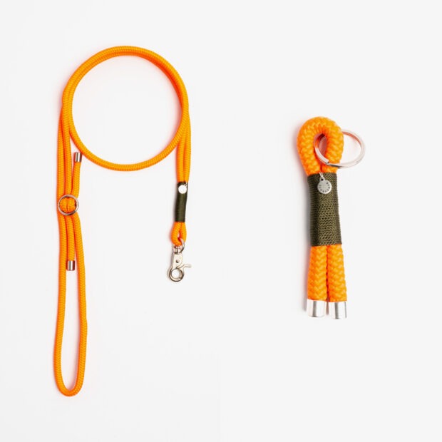 Handykette, Schlüsselanhänger Orange Olive Silber, Set aus Tau, Hundezubehör im Partnerlook individuell nach Maß handgemacht in Österreich